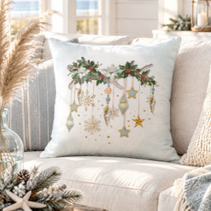 Coussin Feuillage et ornements de Noël côtiers tropicaux