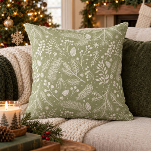 Coussin Feuillage hivernal rustique-chic ivoire vert sauge