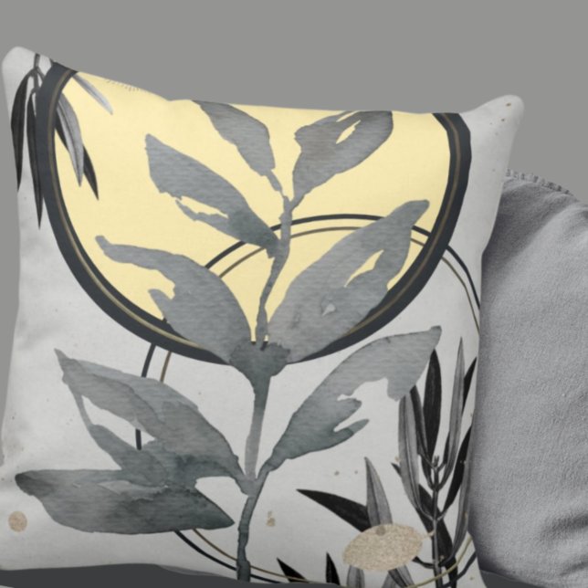 Coussin Feuille Abstraite d'aquarelle gris et jaune (Créateur téléchargé)