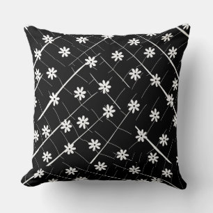 Coussin feuille de banane noire et blanche et fleurs tropi