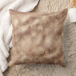 Coussin Feuille de Ginkgo Rose avec Accents en Or Luxe