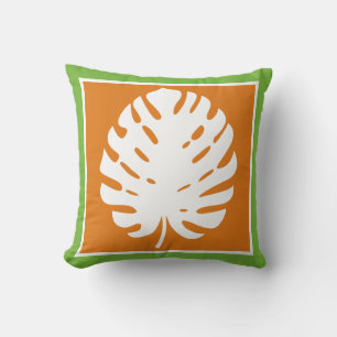 Coussin Feuille de Monstera Orange Blanc Moderne Côté Mer