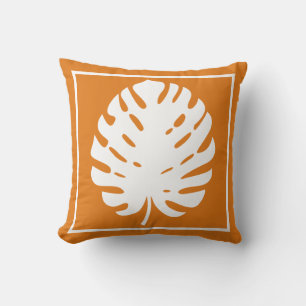 Coussin Feuille de Monstera Orange Blanc Moderne et Nautiq