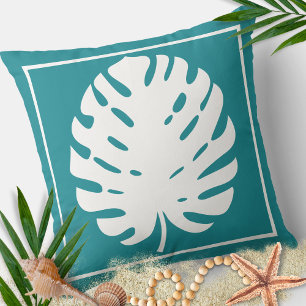 Coussin Feuille de Monstera Turquoise Blanc Moderne Côté M