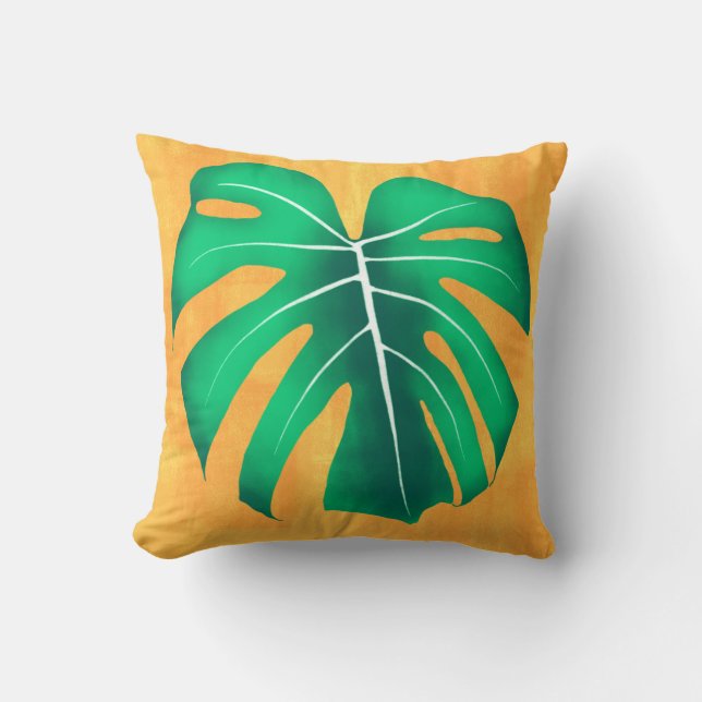 Coussin Feuille de monstère tropicale sur jaune (Recto)