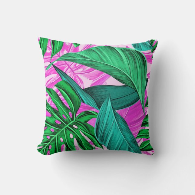 Coussin Feuille de palmier tropical rose (Recto)