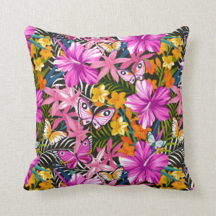 Coussin Feuille et fleurs tropicaux