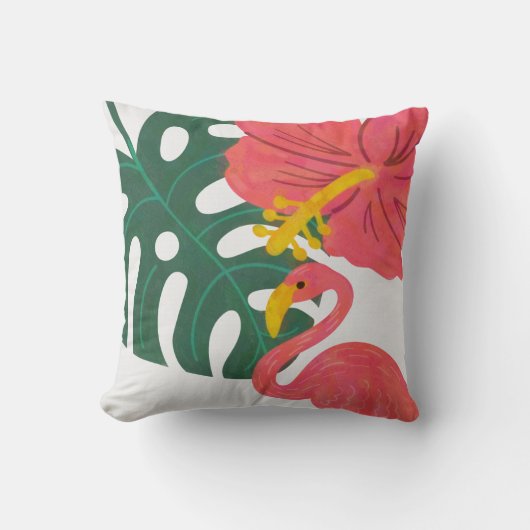 Coussin Feuille Tropicale, Fleur d'Hibiscus & Flamant Rose (Recto)