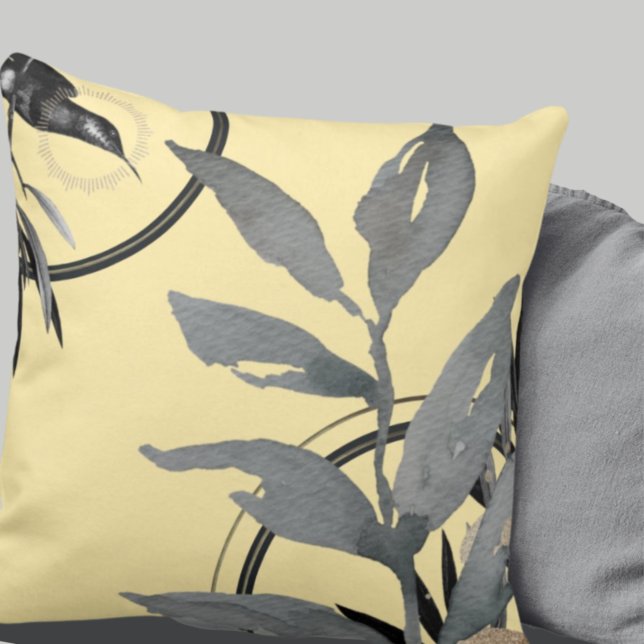 Coussin Feuilles Abstraits d'aquarelle jaune et gris (Créateur téléchargé)