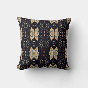 Coussin Feuilles boho jaune moutarde et bleu