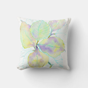 Coussin Feuilles botaniques aquarelles jaune vert pastel