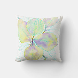 Coussin Feuilles botaniques aquarelles jaune vert pastel