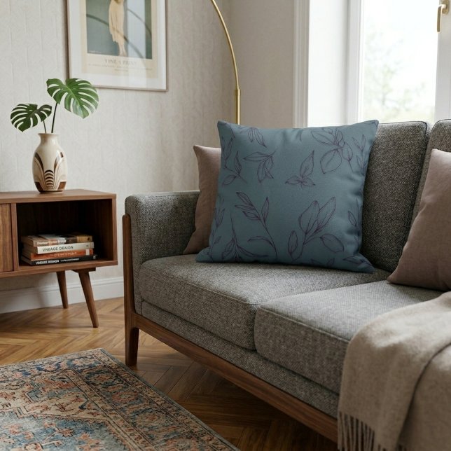 Coussin Feuilles Botaniques Simples Élégantes Sur Fond Ble (Créateur téléchargé)