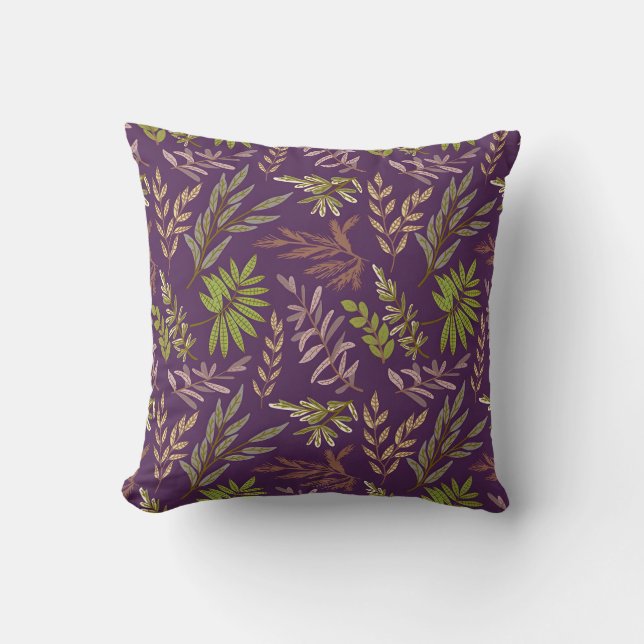 Coussin Feuilles botaniques : un dos violet époustouflant (Recto)