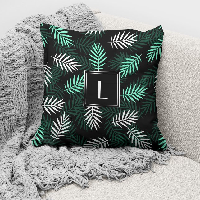 Coussin Feuilles botaniques vertes Monogramme Moderne  (Créateur téléchargé)