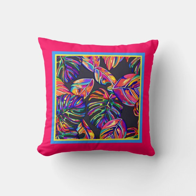 Coussin Feuilles colorés peints sur noir avec bordure rose (Recto)