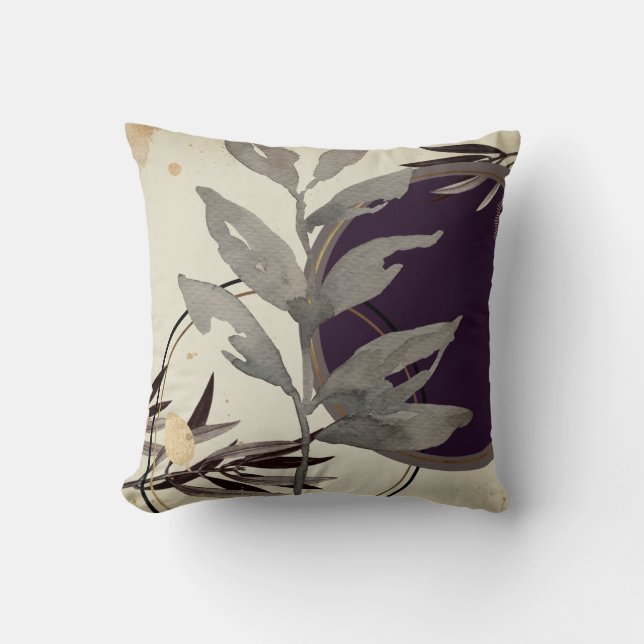 Coussin Feuilles d'aquarelles modernes | Eggplant (Recto)