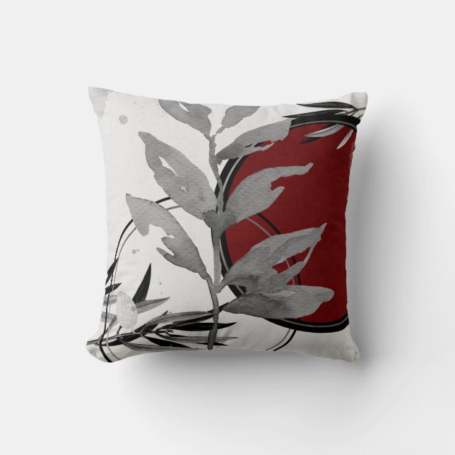 Coussin Feuilles d'aquarelles modernes | Grey & Bourgogne (Recto)