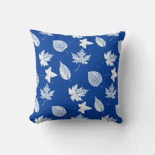 Coussin Feuilles d'automne - blanc et bleu cobalt