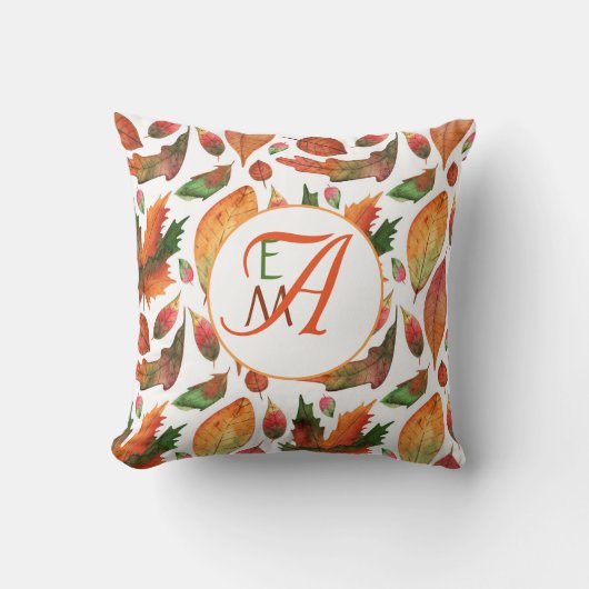 Coussin Feuilles d'automne brodées Décor orange vert (Recto)