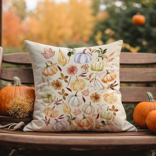 Coussin Feuilles d'automne Citrouille aquarelle (Créateur téléchargé)
