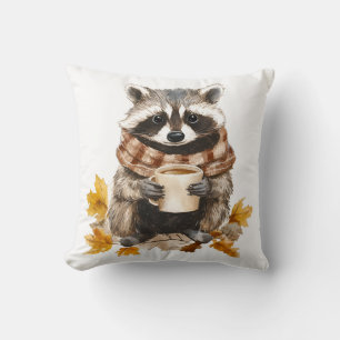 Coussin Feuilles d'automne confortable raccoon avec tasse 