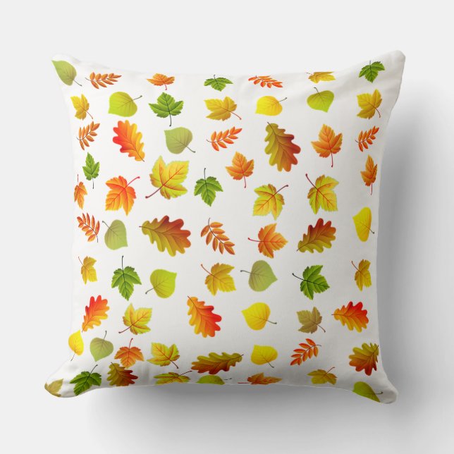 Coussin Feuilles d'automne dorées, vertes, orange sur blan (Recto)