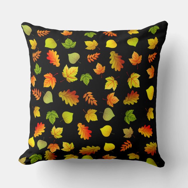 Coussin Feuilles d'automne dorées, vertes, orange sur noir (Recto)