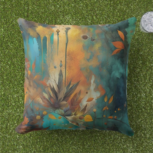 Coussin Feuilles d'automne peinture Turquoise Rouille Or A (Herbe)