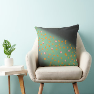 Coussin Feuilles d'automne roses au clair de lune vertes a