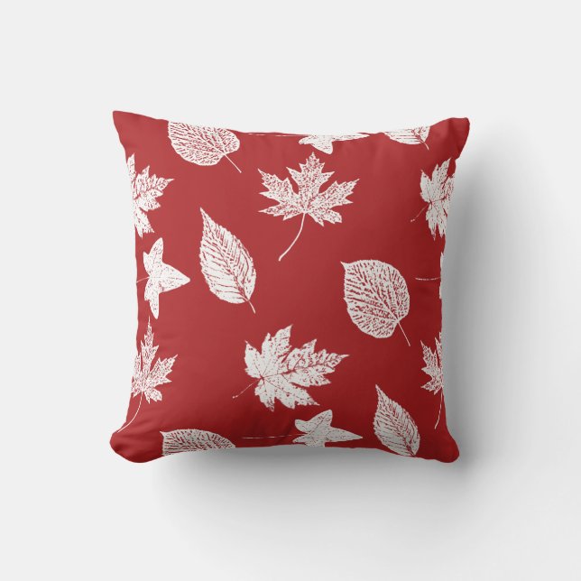 Coussin Feuilles d'automne - rouge blanc et foncé (Recto)