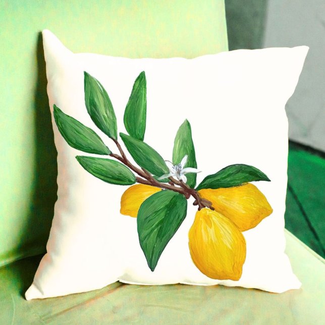 Coussin Feuilles de citron Citron Jaune Vert Feuille Aquar (Fresh lemons, vibrant green leaves, and timeless watercolor charm bring a cheerful touch this pillow)