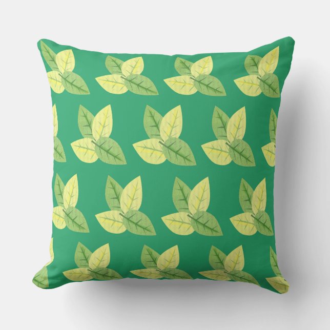 Coussin Feuilles de couleur jaune beurre et vert algue (Recto)