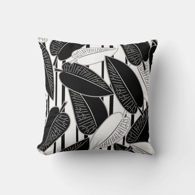 Coussin Feuilles de ficus noir moderne abstrait rayé p (Recto)