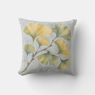 Coussin Feuilles de Ginkgo dorées Aquarelle botanique bleu