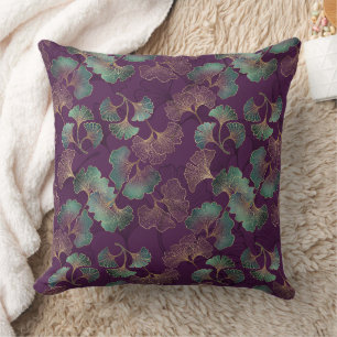 Coussin Feuilles de Ginkgo Tael de Luxe sur Fond Violet Fo