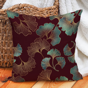 Coussin Feuilles de Ginko élégantes bordeaux sarcelle or