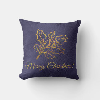 Coussin Feuilles de houx dorées Joyeux Noël Bleu
