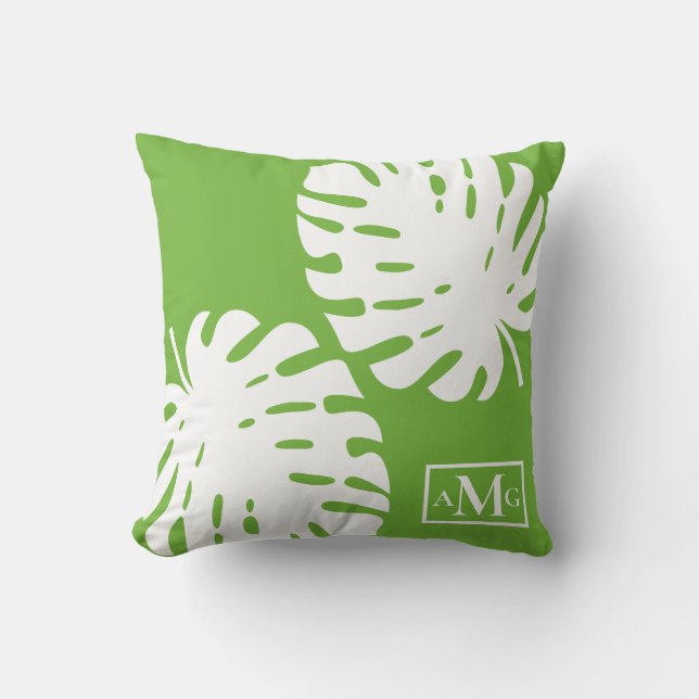 Coussin Feuilles de Monstera Vert Blanc Moderne Côtiers (Recto)