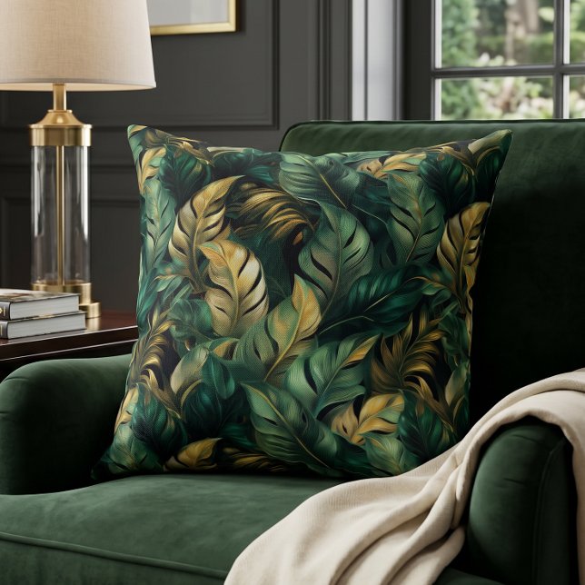 Coussin Feuilles de Monstera vertes et dorées élégantes (Créateur téléchargé)