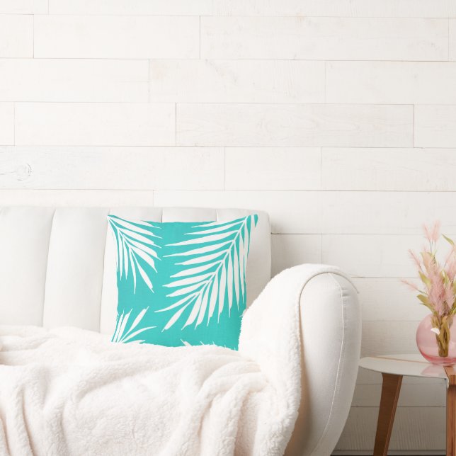 Coussin Feuilles de palme acrylique blanc turquoise (Canapé)