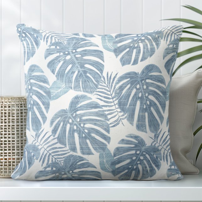 Coussin Feuilles de palme bleu clair et blanc Monstera (Créateur téléchargé)