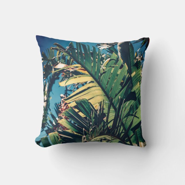 Coussin Feuilles de palmier rayons de soleil bleu vert cou (Recto)