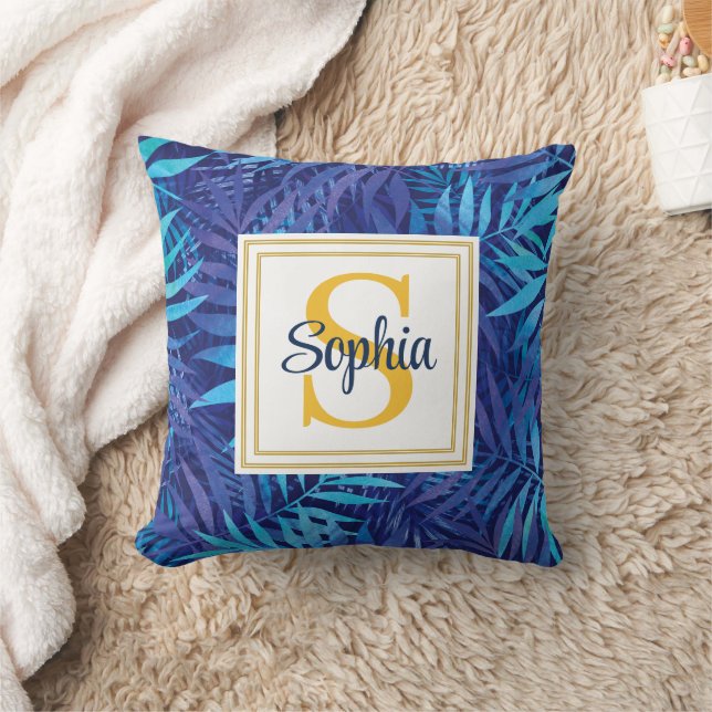 Coussin Feuilles de palmier tropicales modernes monogramme (Couverture)