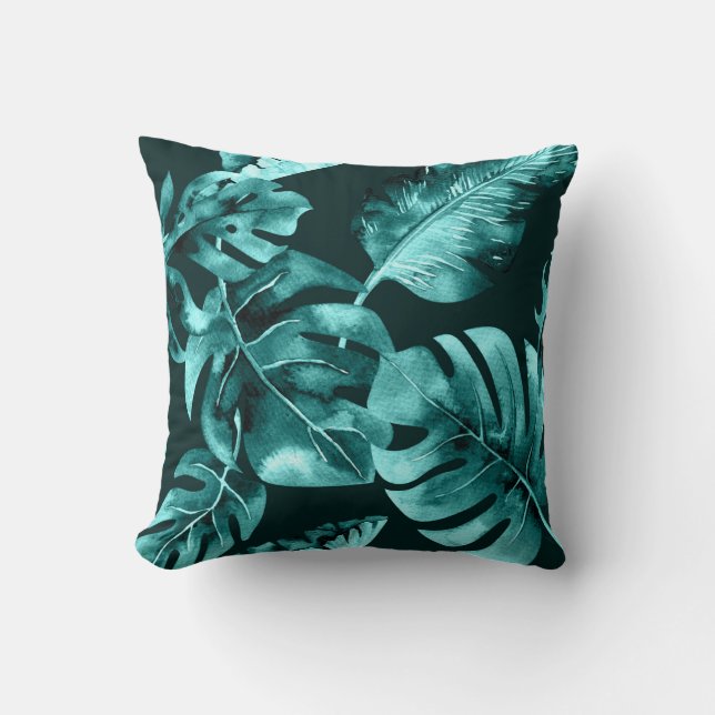 Coussin Feuilles de palmier tropicales noir et sarcelle ét (Recto)