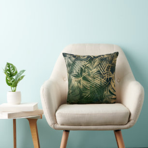 Coussin Feuilles de palmier tropicales vertes et dorées