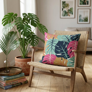 Coussin Feuilles de Palmiers Tropicaux en Rose et Bleu D