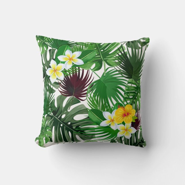 Coussin Feuilles de palmiers tropicaux et motif de fleurs (Recto)