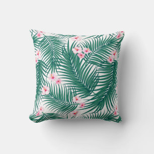 Coussin Feuilles de palmiers tropicaux verts avec fleurs d