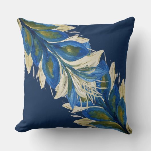 Coussin Feuilles de paon bleu Aquarelle marine peinte à la (Recto)
